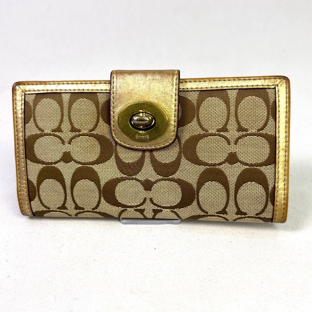 Coach Signature C Brown Canvas Metallic Gold Leather Turnlock Slim Wallet 43439